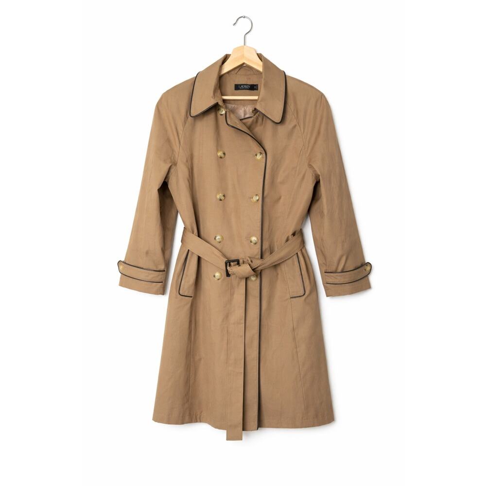 Lauren Ralph Lauren Trench Coat Womens XL Tan Belted Double Breasted Classic